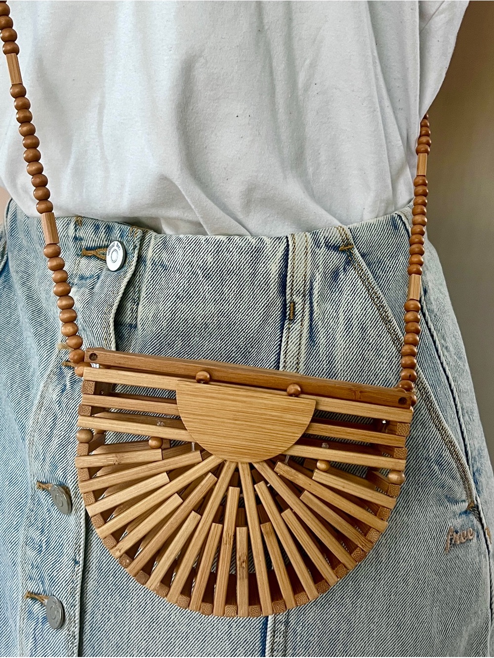 Bamboo Ark Style Crossbody Mini Purse with Wood Bead Strap - Picture 1 of 7